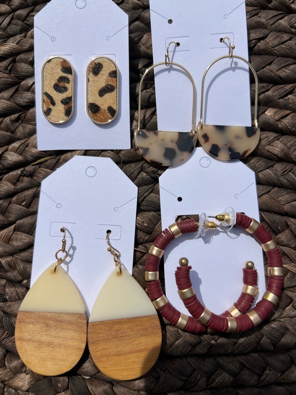 Lot of 4 Pairs Boho Statement Earrings Wood Leopard Tortoise Hoop Gold Tone